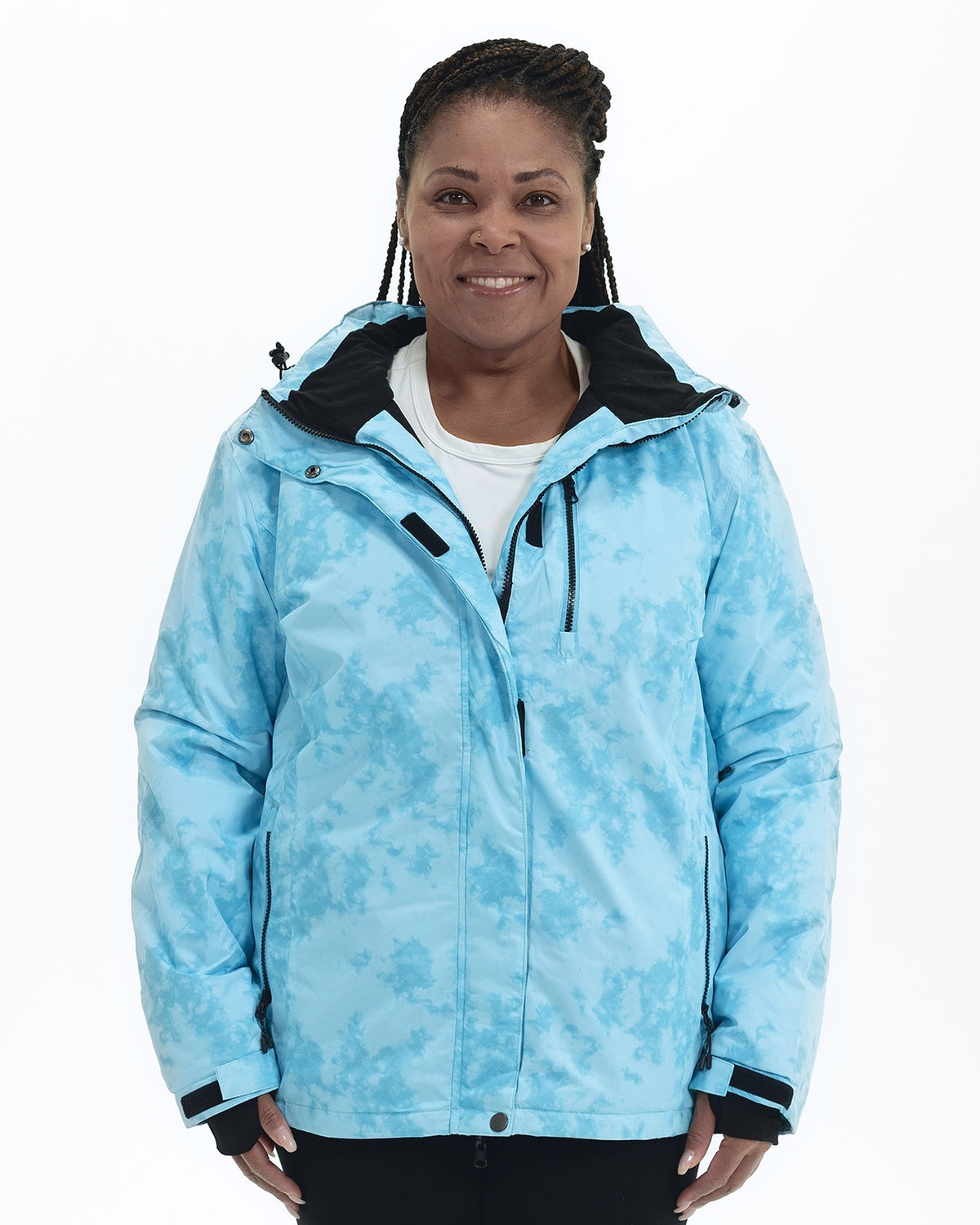 Blue Marble Bevel women's plus size insulated winter jacket, front | Model is 5'6" and wears a 1X