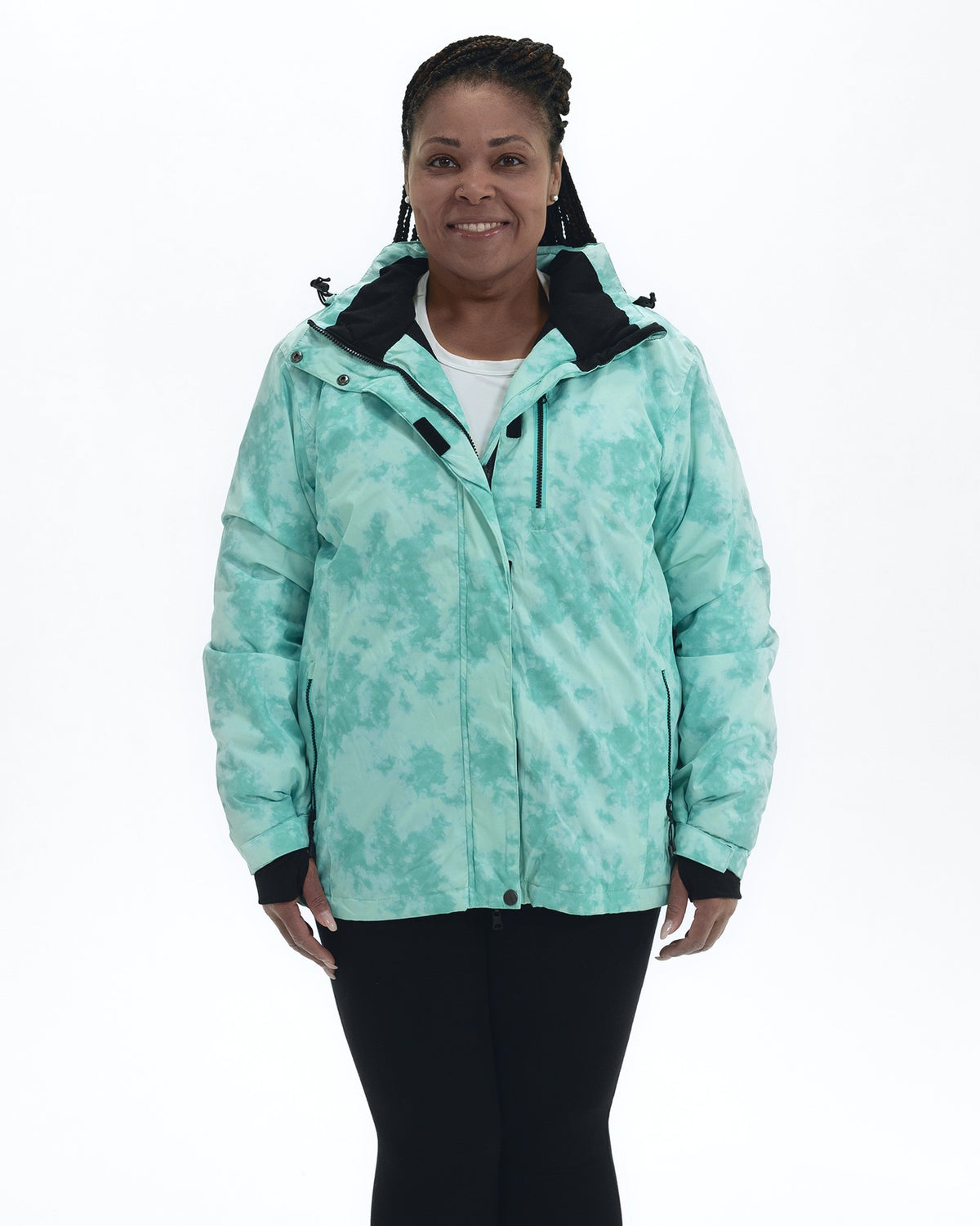 Mint Marble Bevel plus size insulated winter jacket, front | Model is 5'6" and wears a 1X