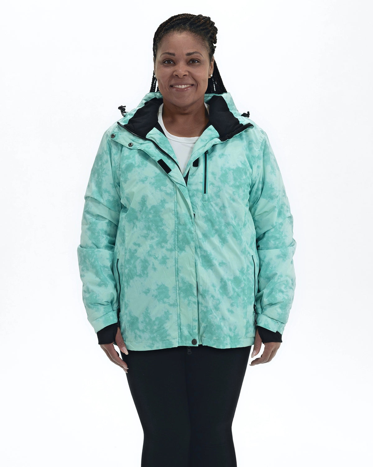 Mint Marble Bevel women's plus size insulated winter jacket, front | Model is 5'6" and wears a 1X