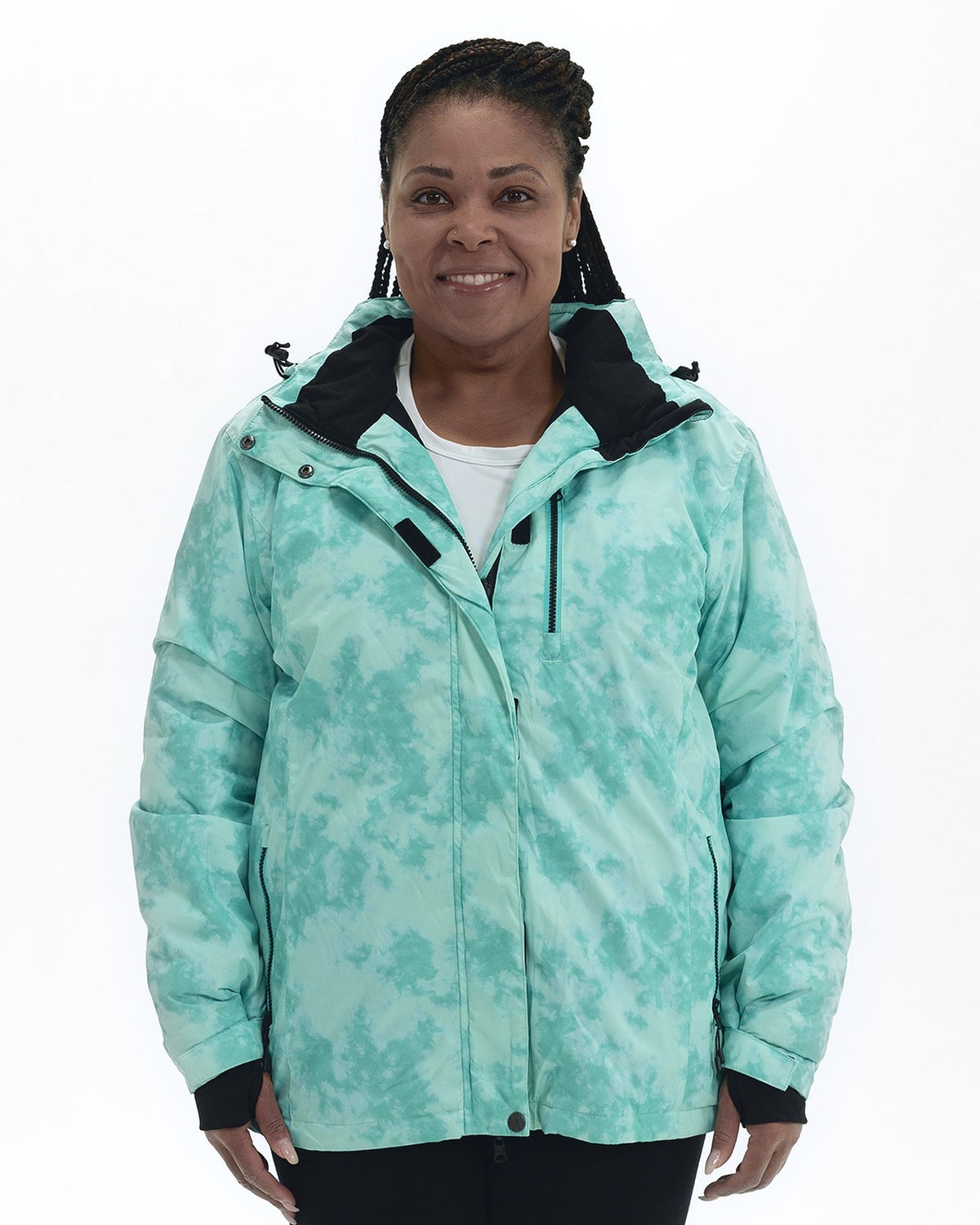 Mint Marble Bevel women's plus size insulated winter jacket, front | Model is 5'6" and wears a 1X