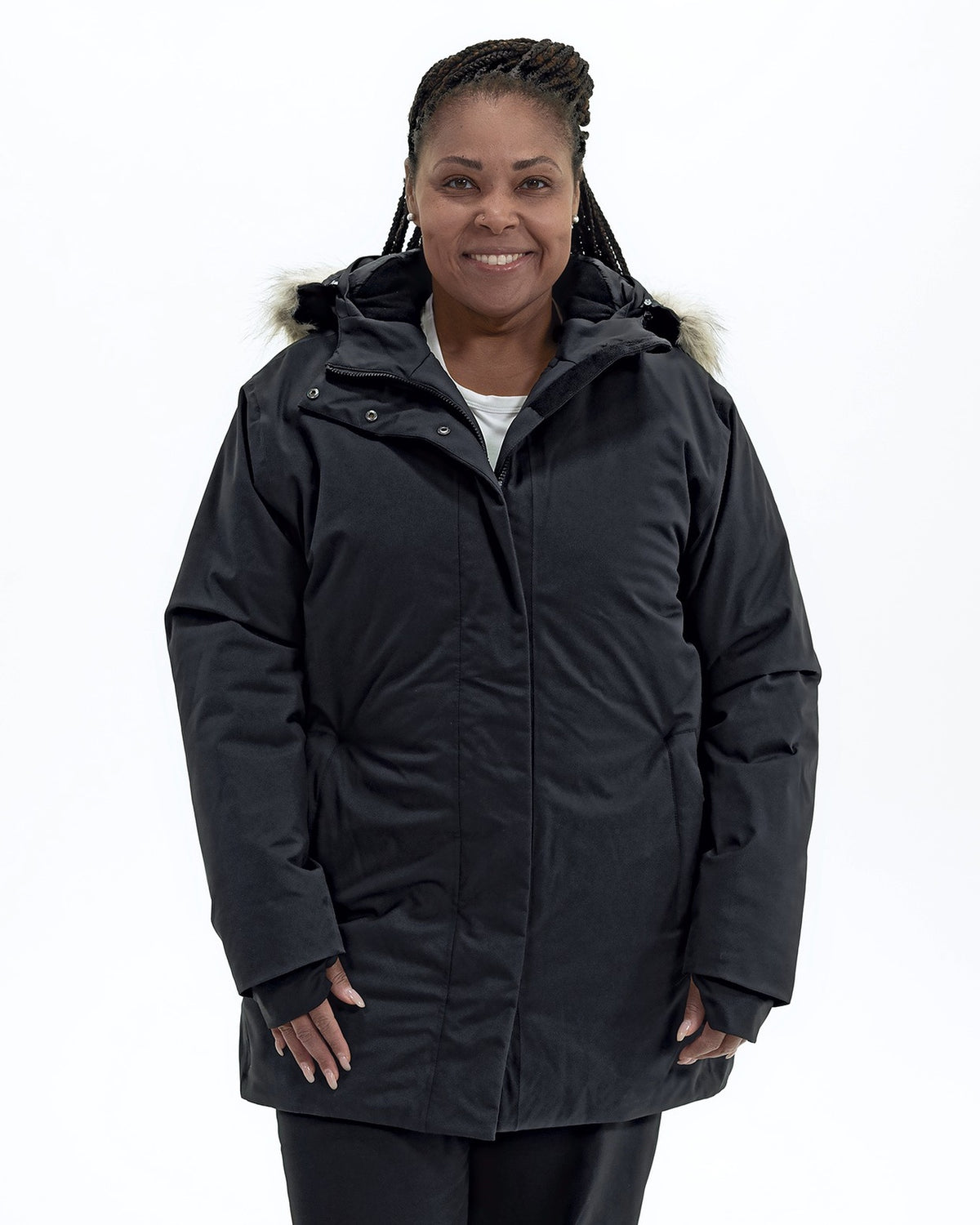 Black Cortina women's plus size insulated parka, front | Model is 5'6" and wears a 1X