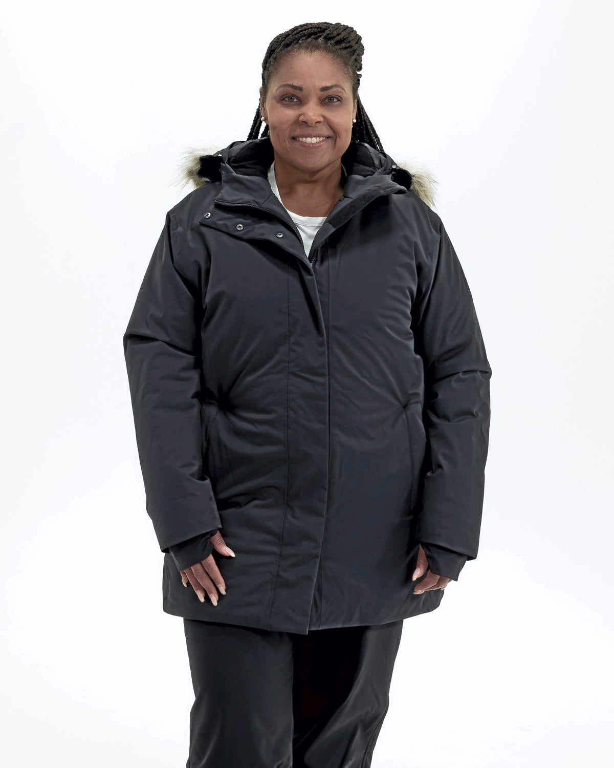 Black Cortina women's plus size insulated parka, front, full length | Model is 5'6" and wears a 1X