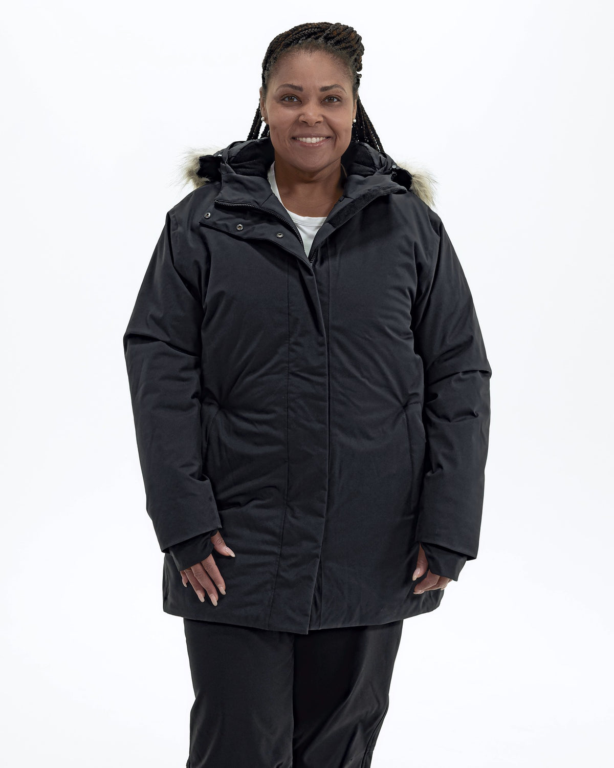 Black Cortina women's plus size insulated parka, front, full length | Model is 5'6" and wears a 1X