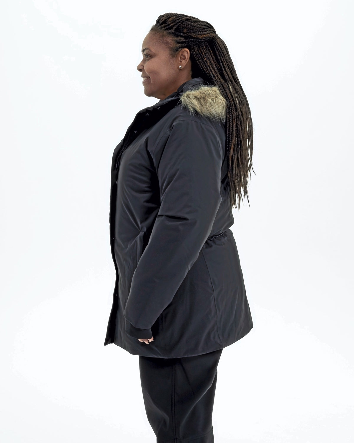 Black Cortina women's plus size insulated parka, side | Model is 5'6" and wears a 1X