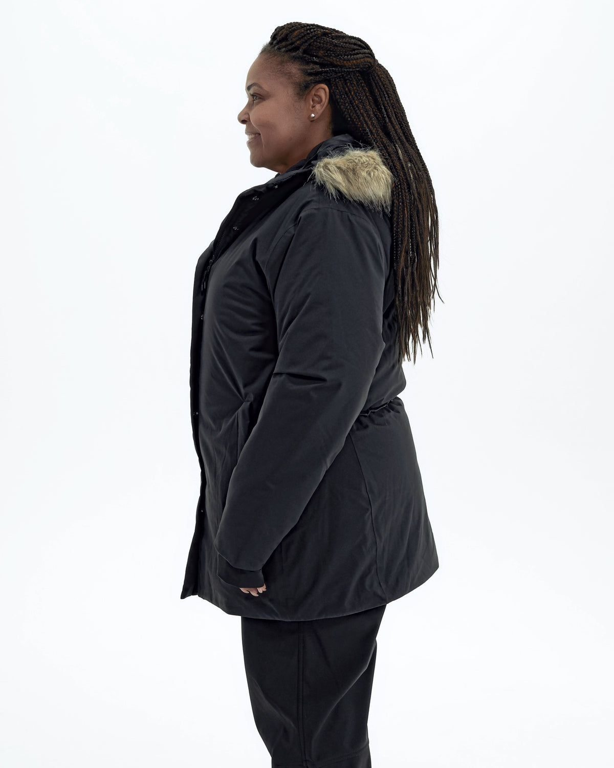 Black Cortina women's plus size insulated parka, side | Model is 5'6" and wears a 1X