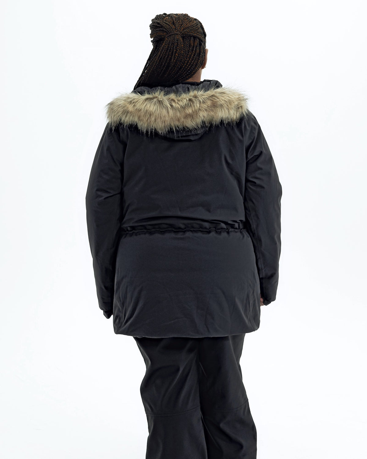 Black Cortina women's plus size insulated parka, back with faux fur hood trim | Model is 5'6" and wears a 1X