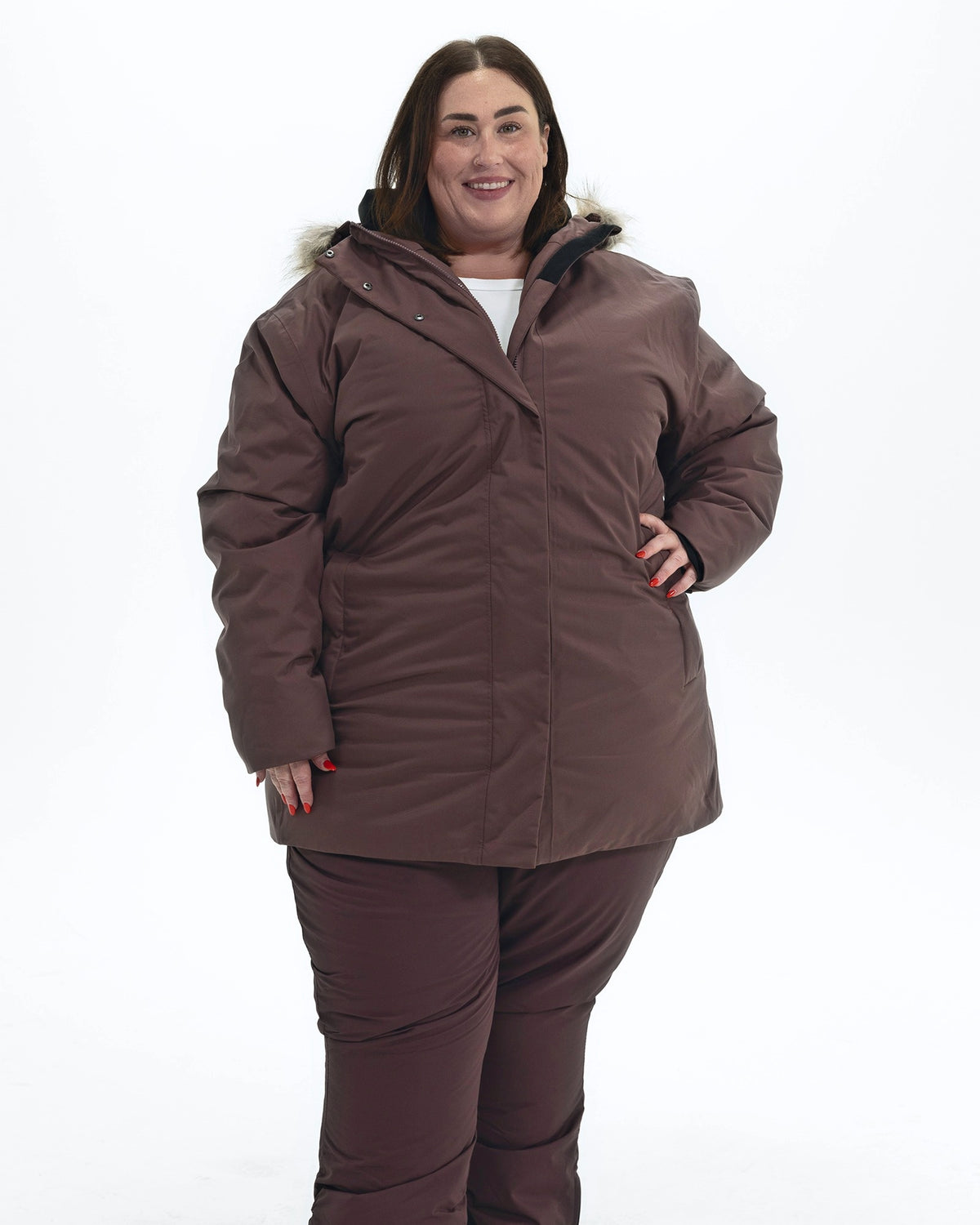 Eggplant Cortina women's plus size insulated parka, front | Model is 5'4" and wears a 3X