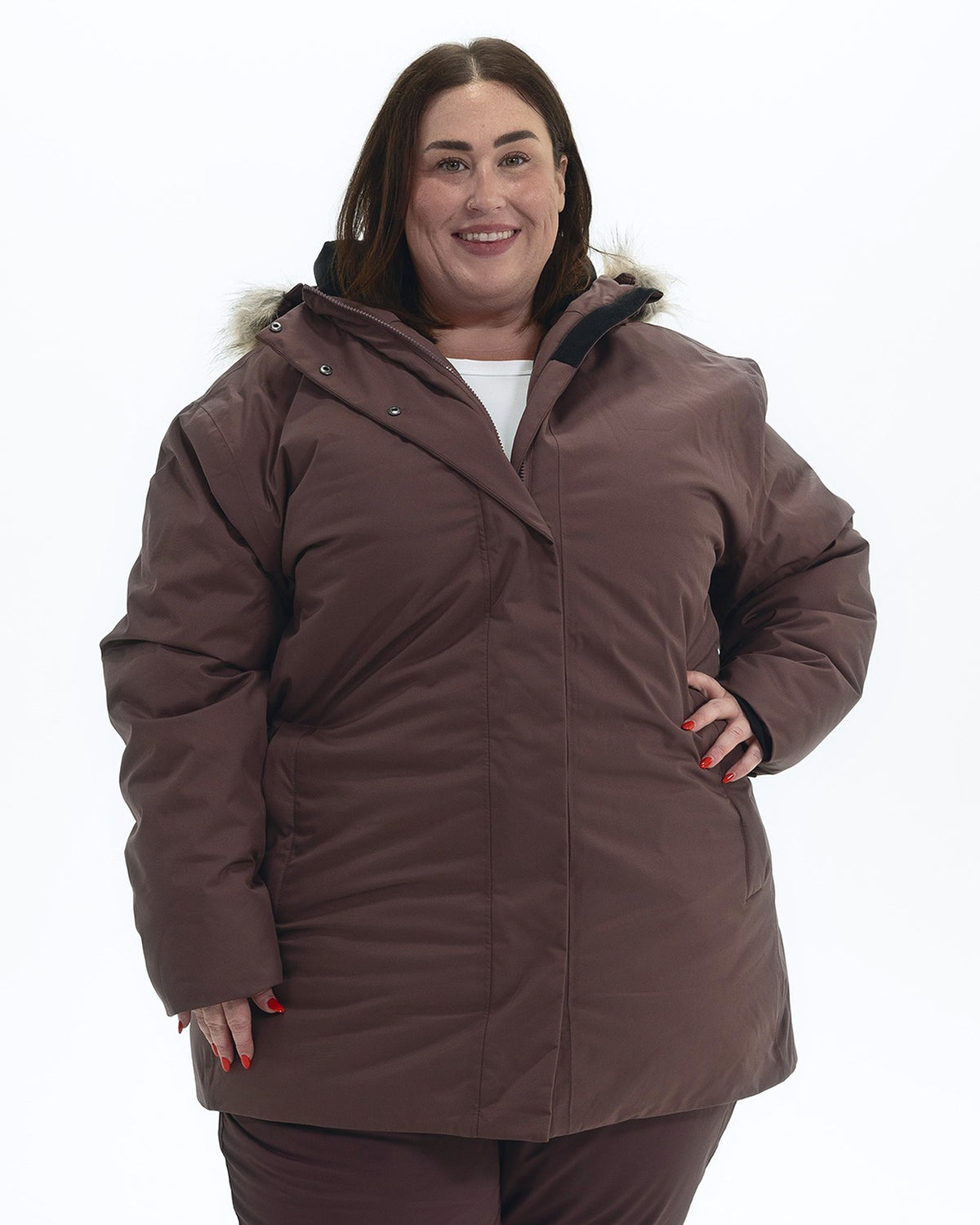 Eggplant Cortina women's plus size insulated parka, front | Model is 5'4" and wears a 3X