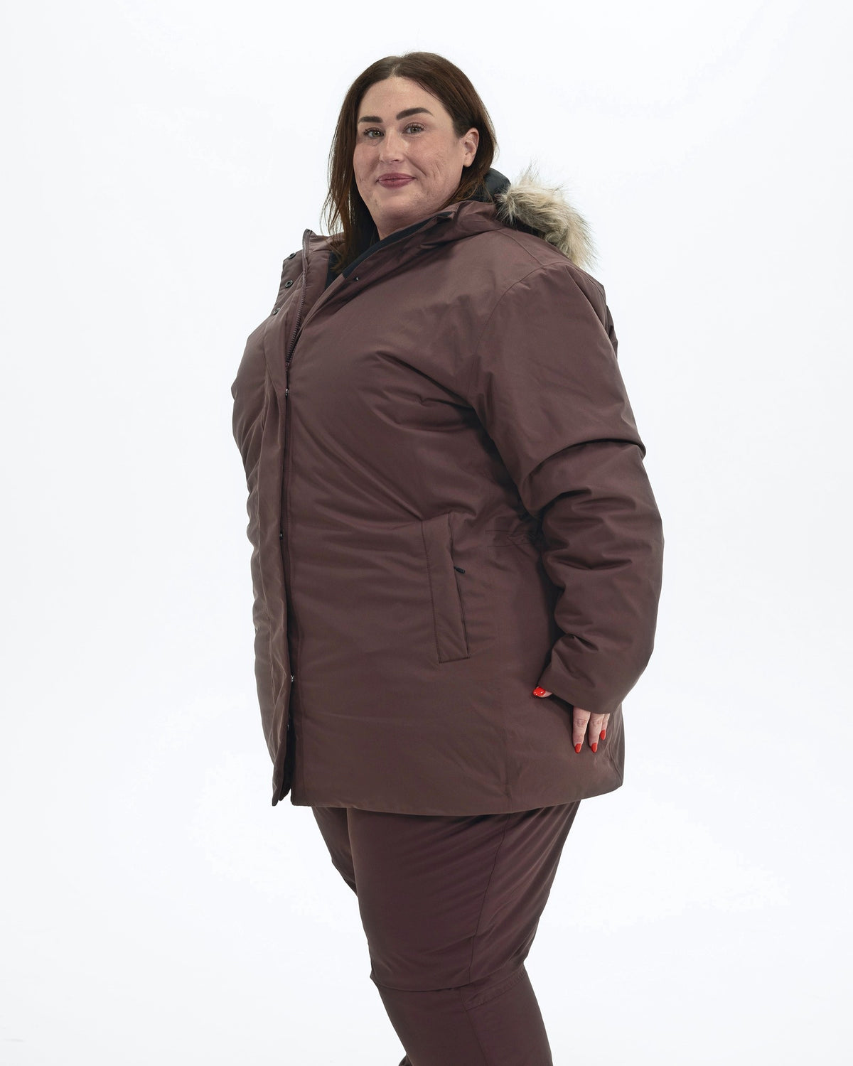 Eggplant Cortina women's plus size insulated parka, three quarter view | Model is 5'4" and wears a 3X