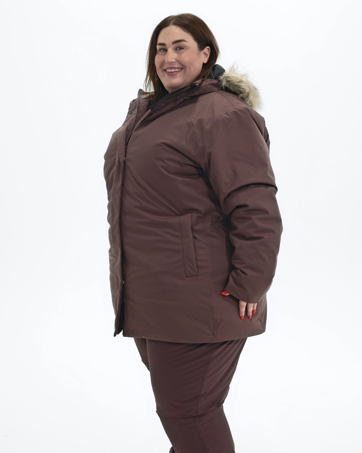 Eggplant Cortina women's plus size insulated parka, side | Model is 5'4" and wears a 3X
