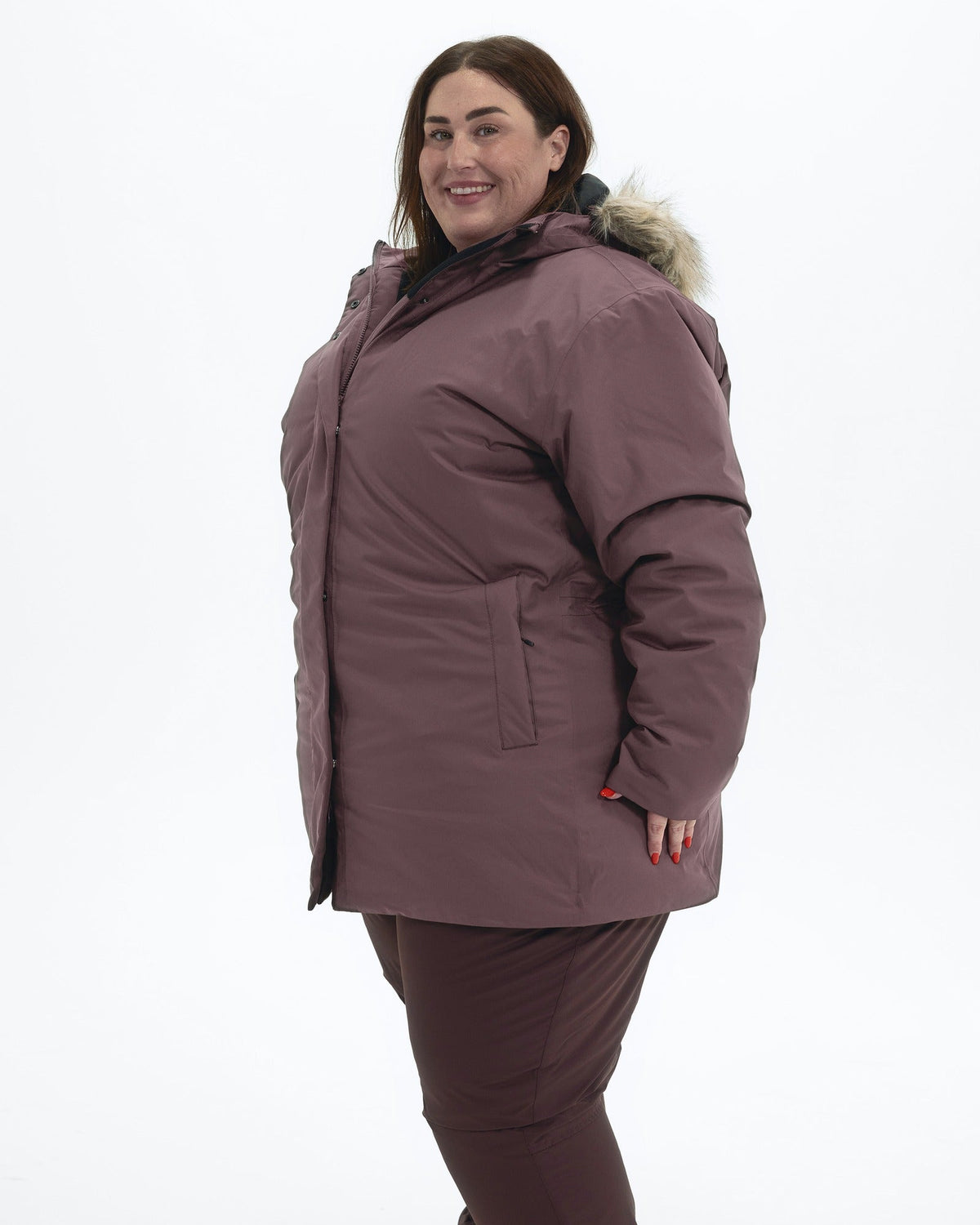 Eggplant Cortina women's plus size insulated parka, side | Model is 5'4" and wears a 3X