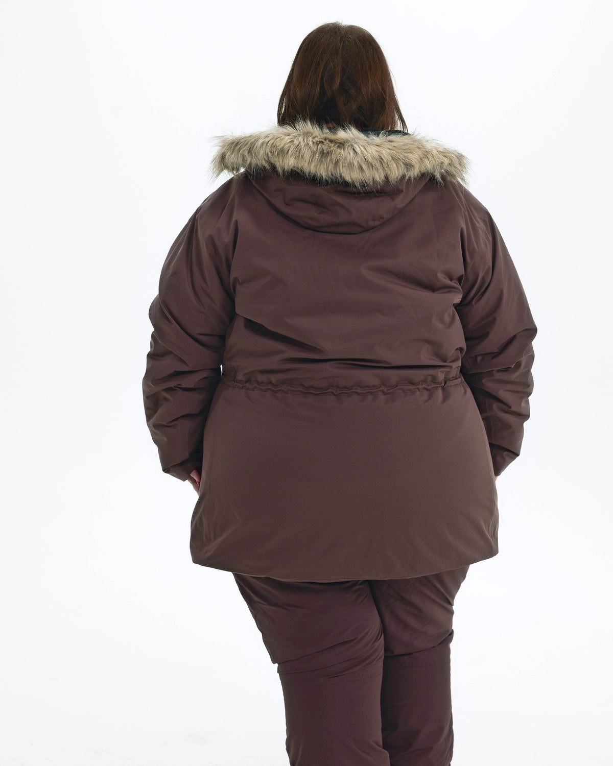 Eggplant Cortina women's plus size insulated parka, back with faux fur hood trim | Model is 5'4" and wears a 3X