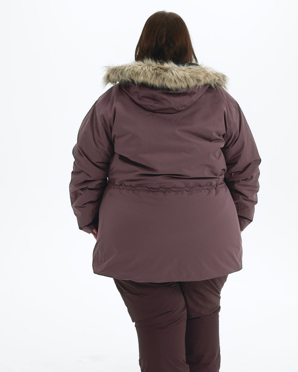 Eggplant Cortina women's plus size insulated parka, back with faux fur hood trim | Model is 5'4" and wears a 3X