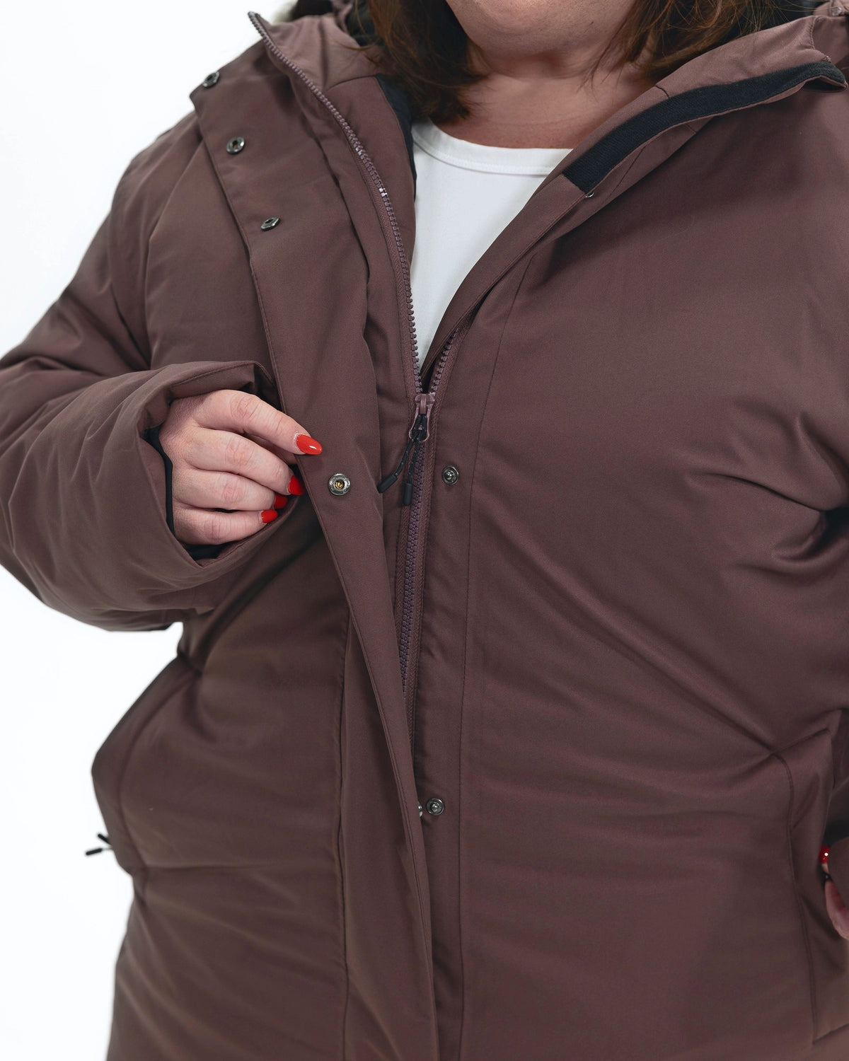 Eggplant Cortina women's plus size insulated parka, front zip and storm flap detail