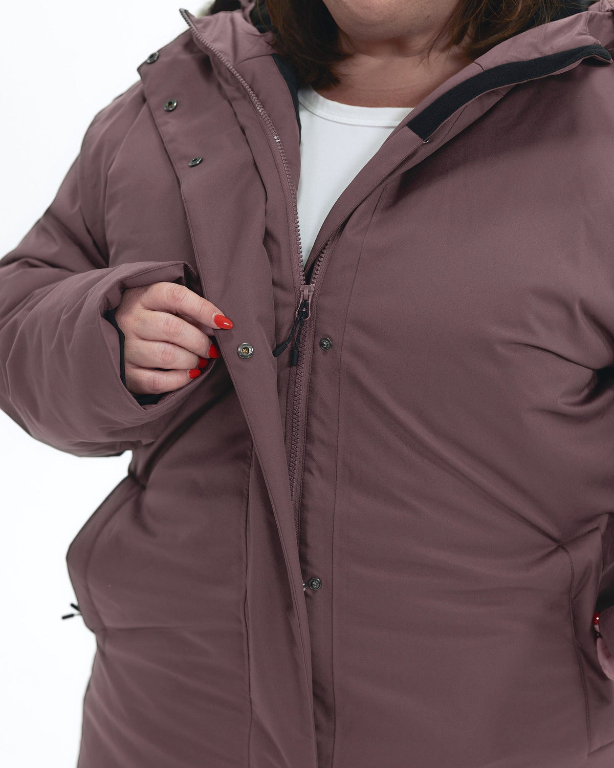 Eggplant Cortina women's plus size insulated parka, front zip and storm flap detail