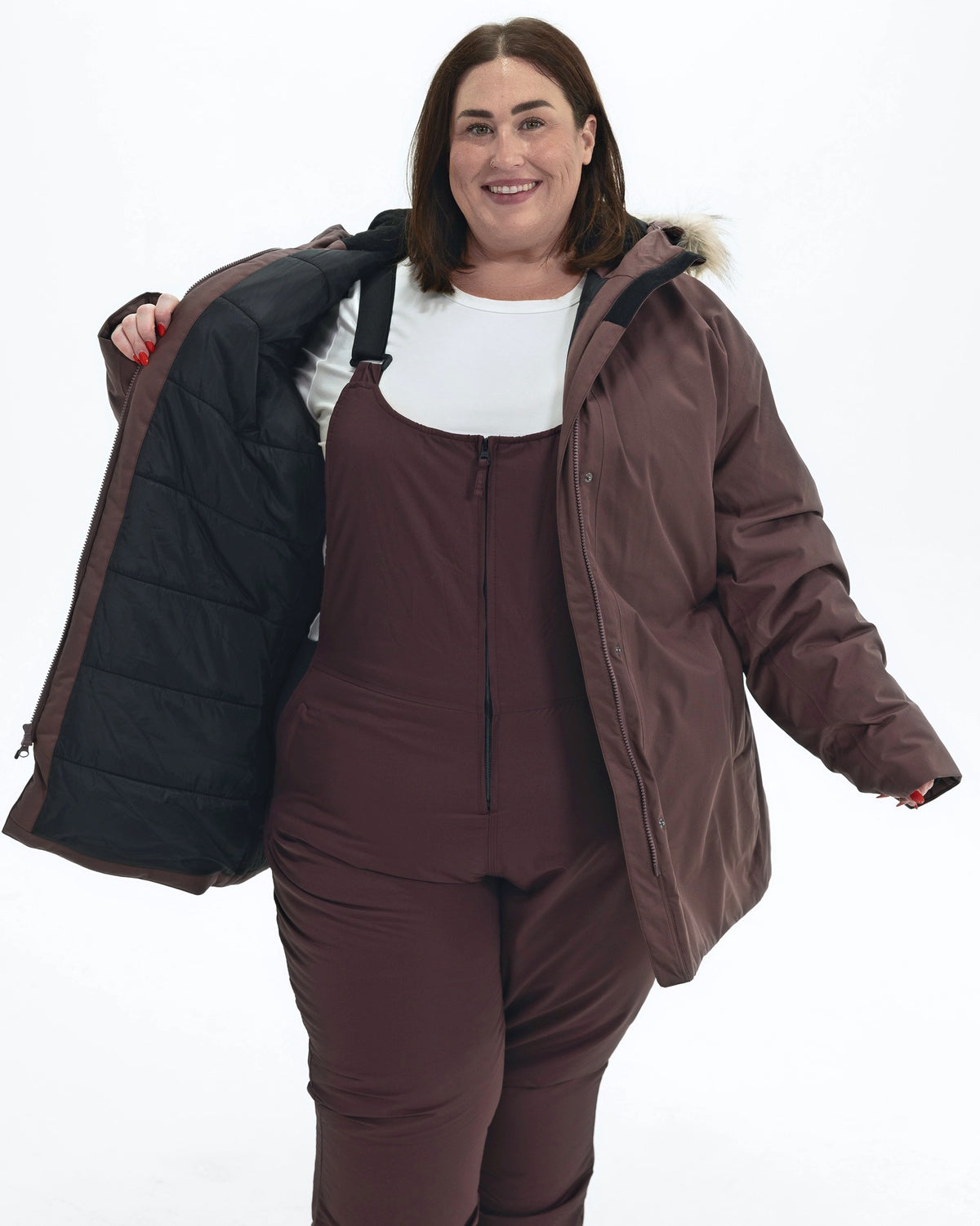 Eggplant Cortina women's plus size insulated parka, worn open showing the quilted lining | Model is 5'4" and wears a 3X