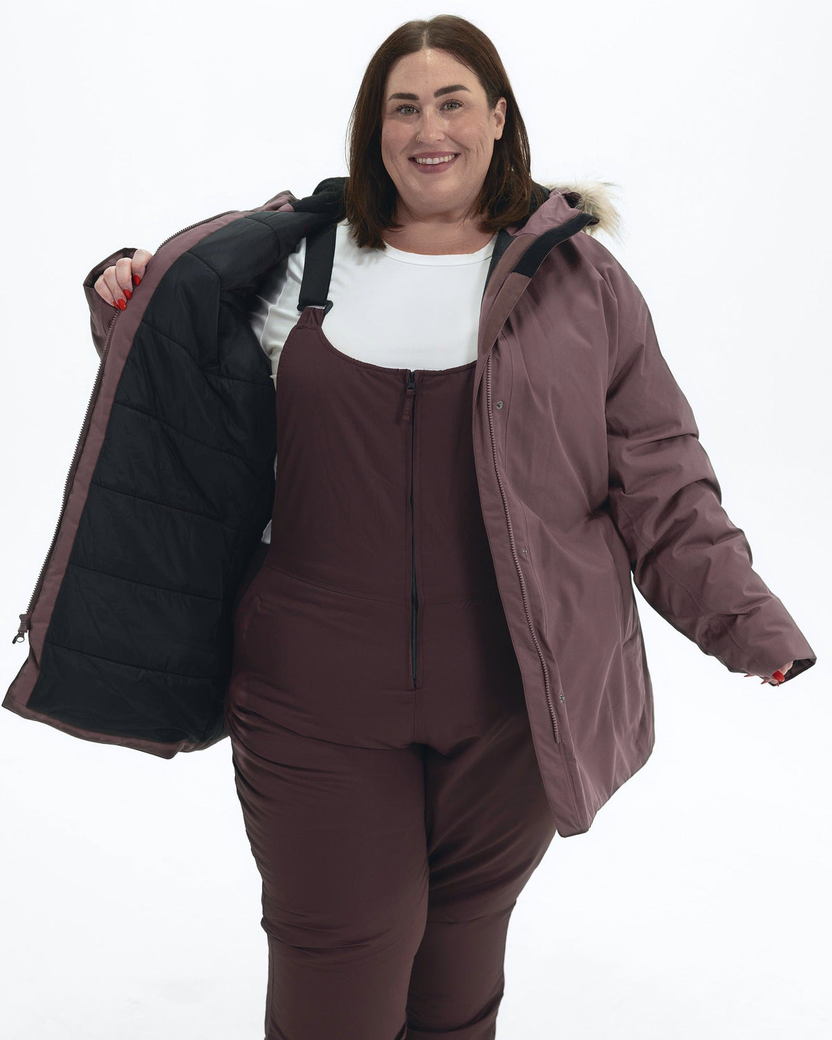 Eggplant Cortina women's plus size insulated parka, worn open showing the quilted lining | Model is 5'4" and wears a 3X