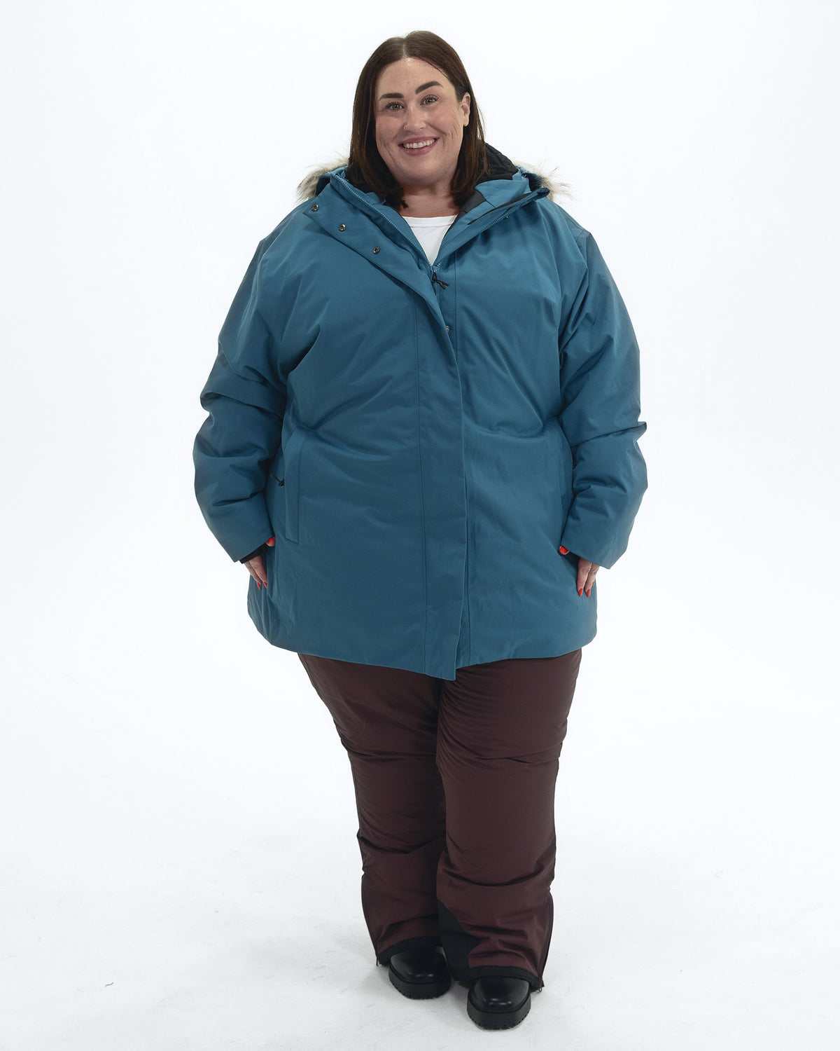 Peacock Cortina women's plus size insulated parka, front, full length | Model is 5'4" and wears a 3X