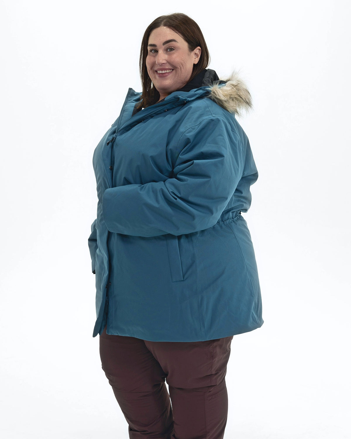 Peacock Cortina women's plus size insulated parka, three quarter view | Model is 5'4" and wears a 3X