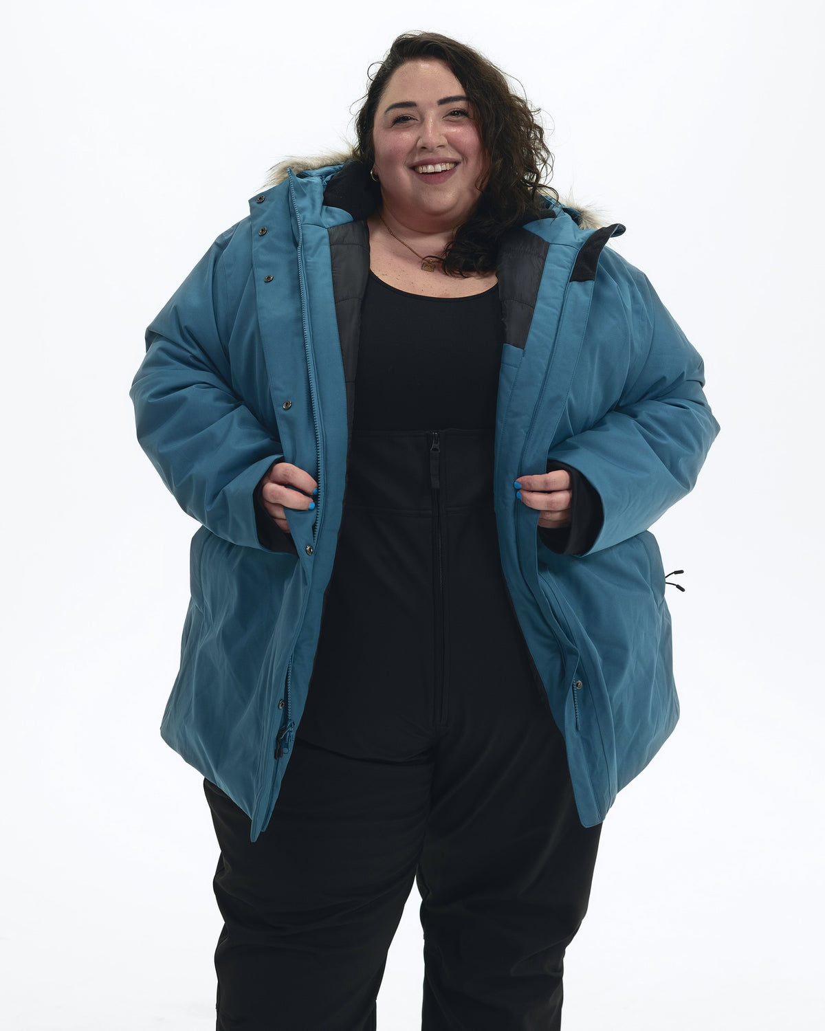 Peacock Cortina women's plus size insulated parka, front, worn open | Model is 5'4" and wears a 5X