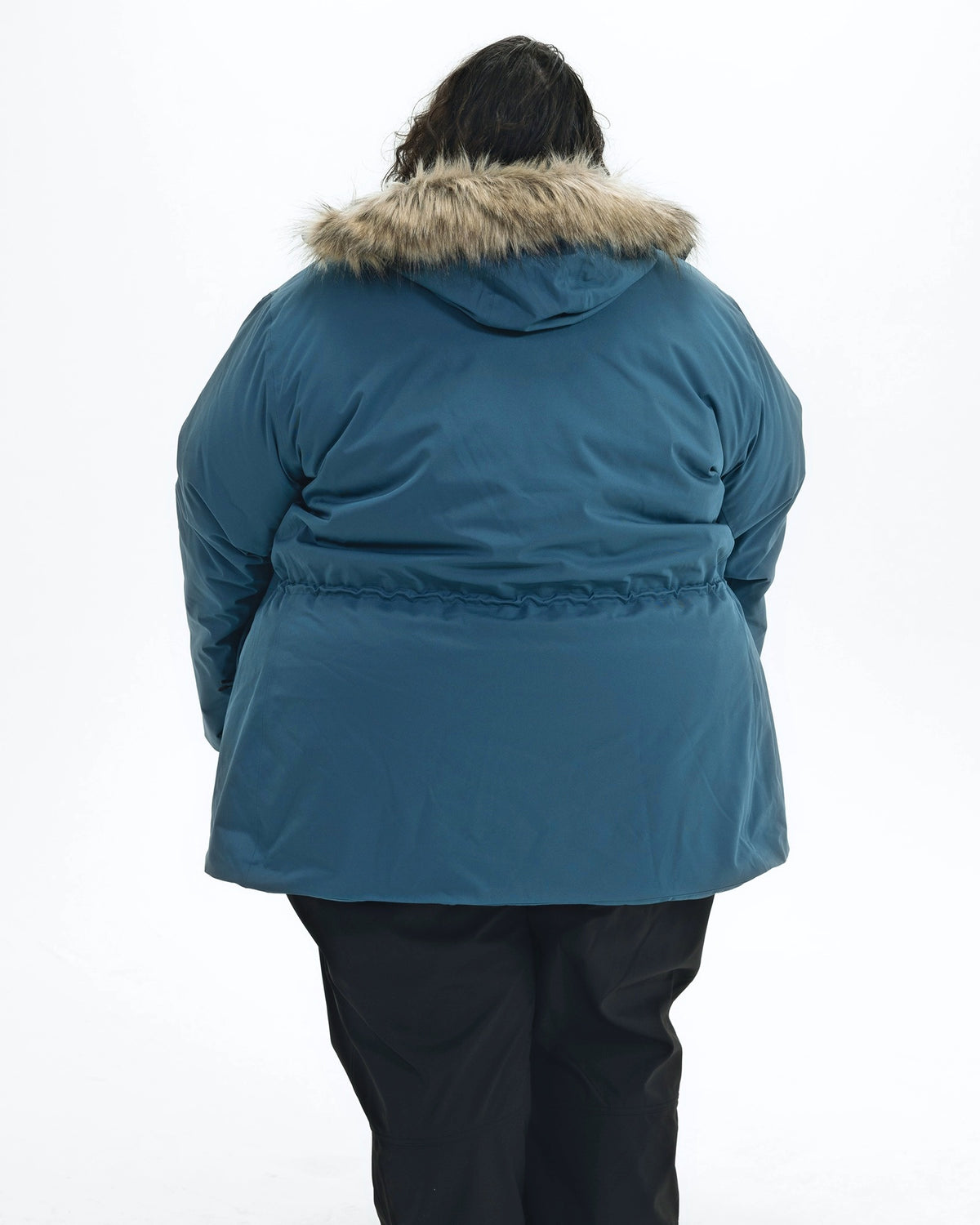 Peacock Cortina women's plus size insulated parka, back with faux fur hood trim | Model is 5'4" and wears a 5X