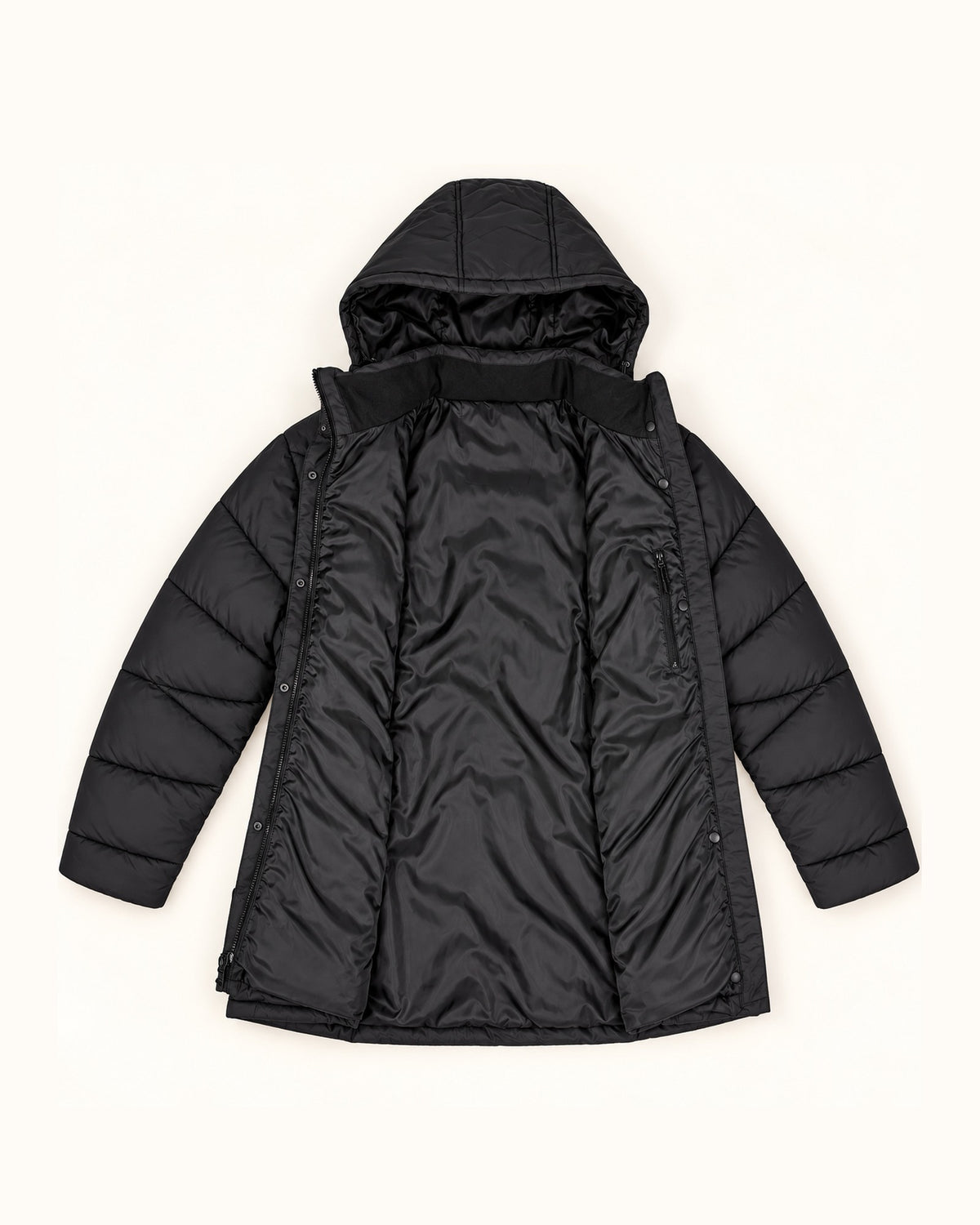 Black The Geneva plus size mid length synthetic down jacket, sizes 1X to 6X, flat lay interior