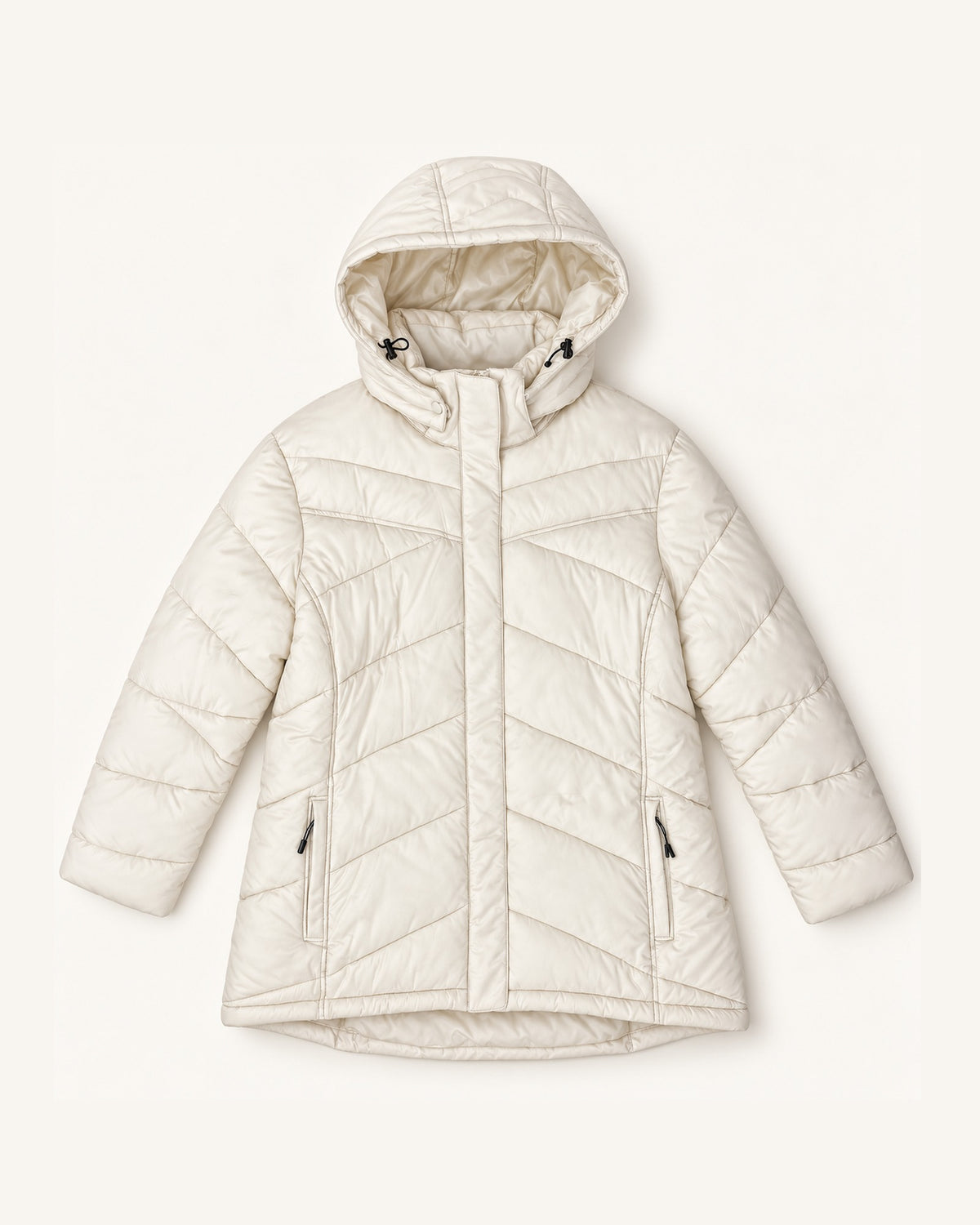 Winter White The Geneva plus size mid length synthetic down jacket, sizes 1X to 6X, flat lay front