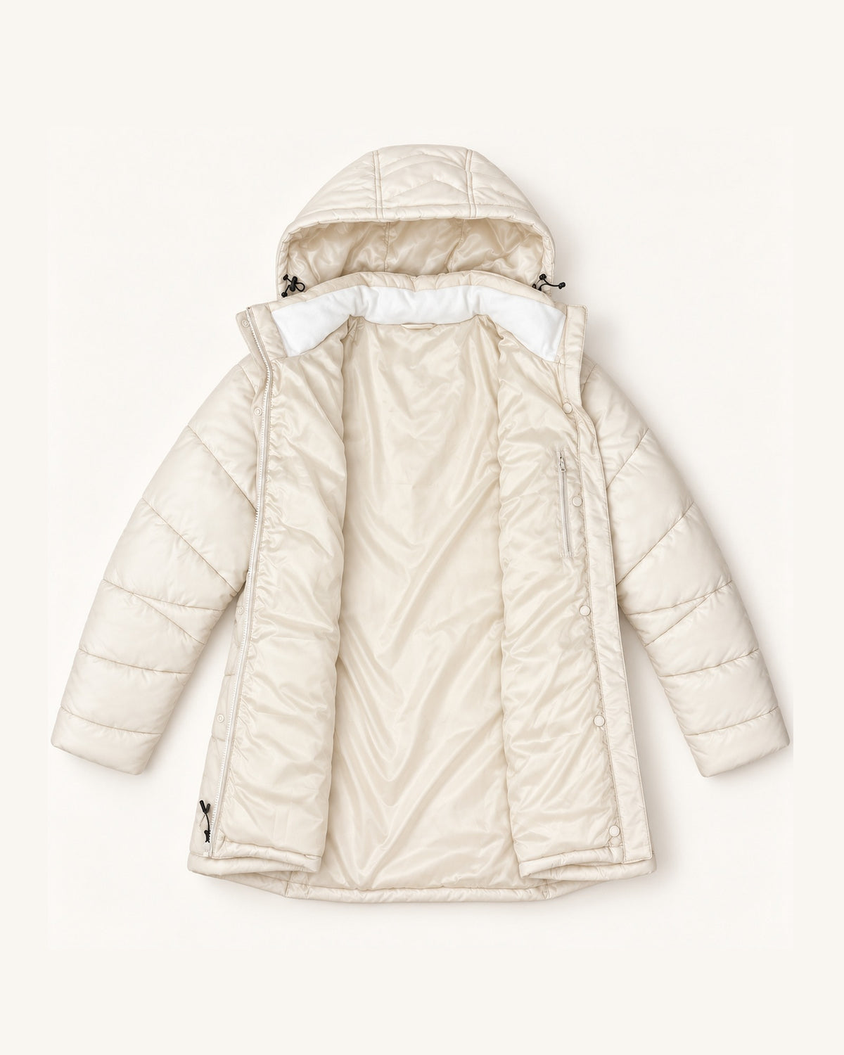 Winter White The Geneva plus size mid length synthetic down jacket, sizes 1X to 6X, flat lay interior