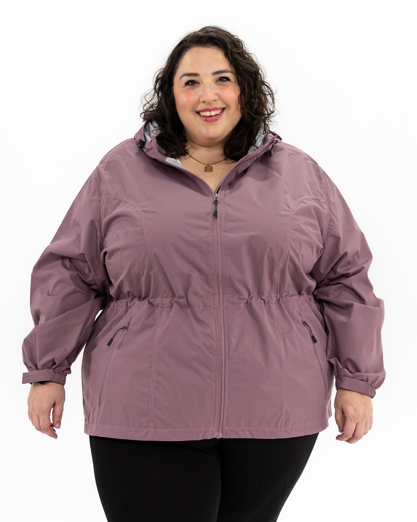 Plus size mystique rain jacket mauve 2 | Model is 5'3" and wears a 5X