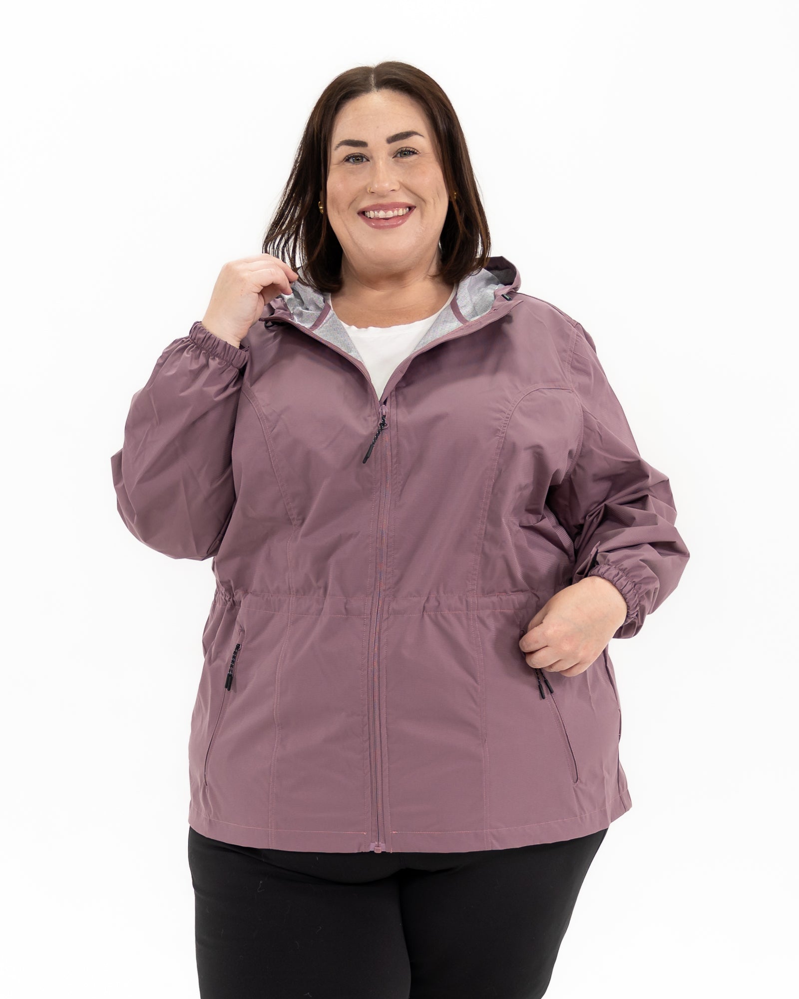 Plus size mystique rain jacket mauve 5 | Model is 5'3" and wears a 5X