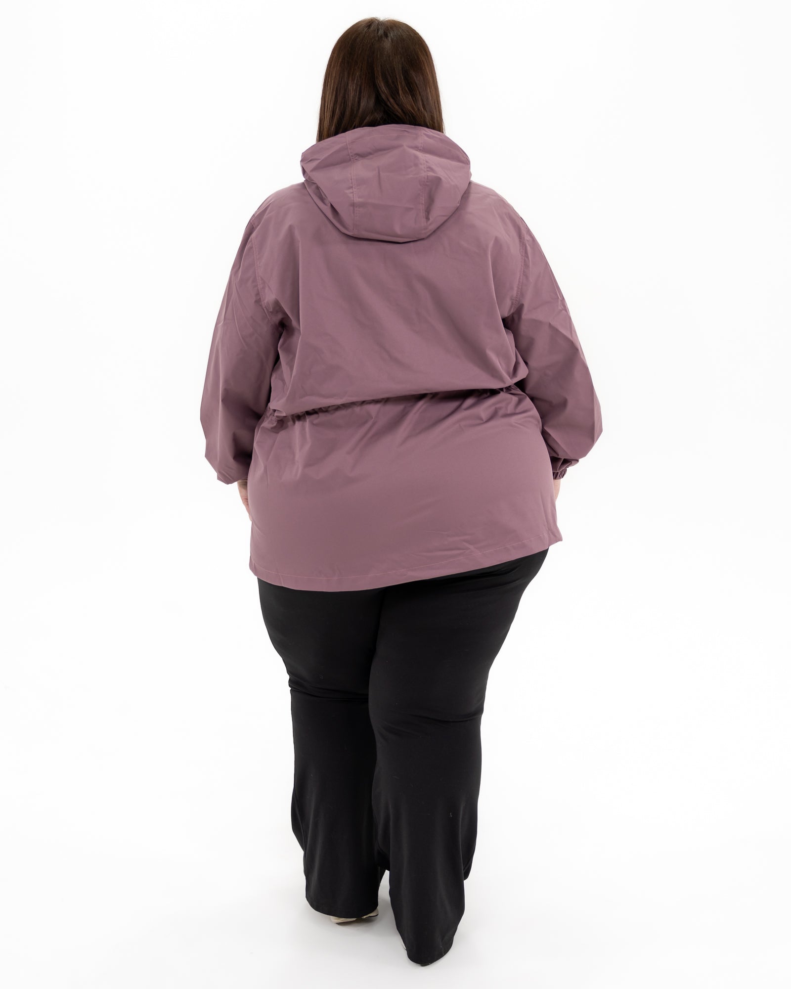 Plus size mystique rain jacket mauve 8 | Model is 5'3" and wears a 5X
