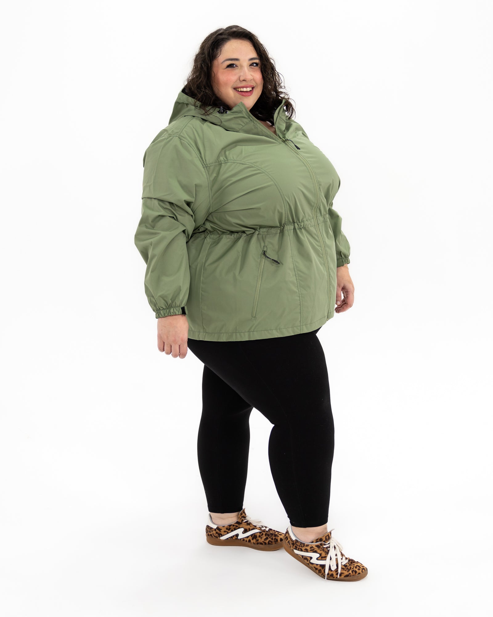Plus size mystique rain jacket sage 2 | Model is 5'3" and wears a 5X