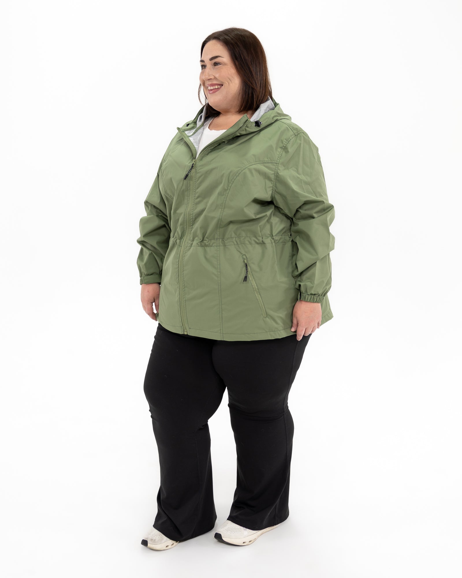 Plus size mystique rain jacket sage 7 | Model is 5'4" and wears a 3X