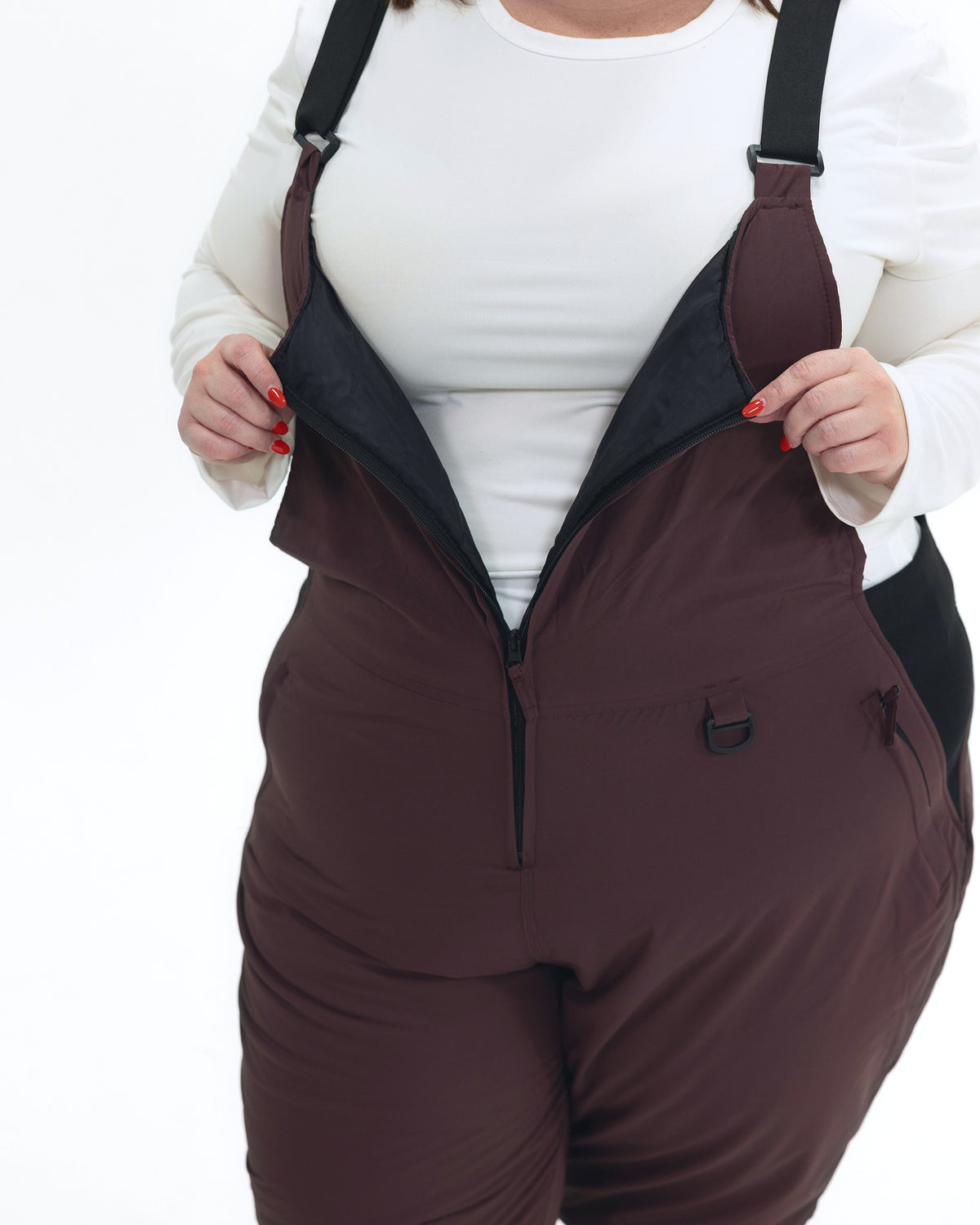 Eggplant women's plus size Overland snow bibs, front zip open detail