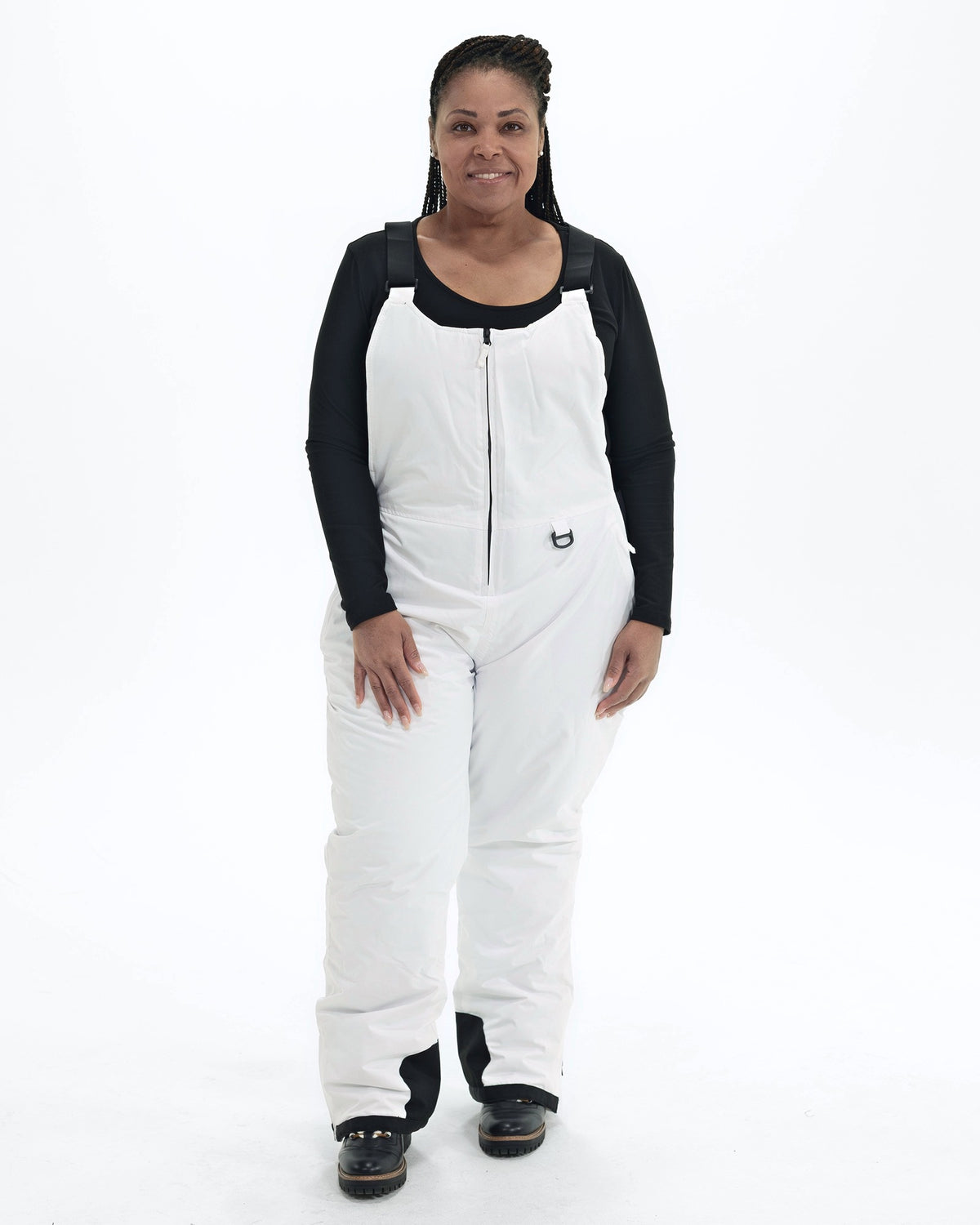 White women's plus size Overland snow bibs, front | Model is 5'6" and wears a 1X