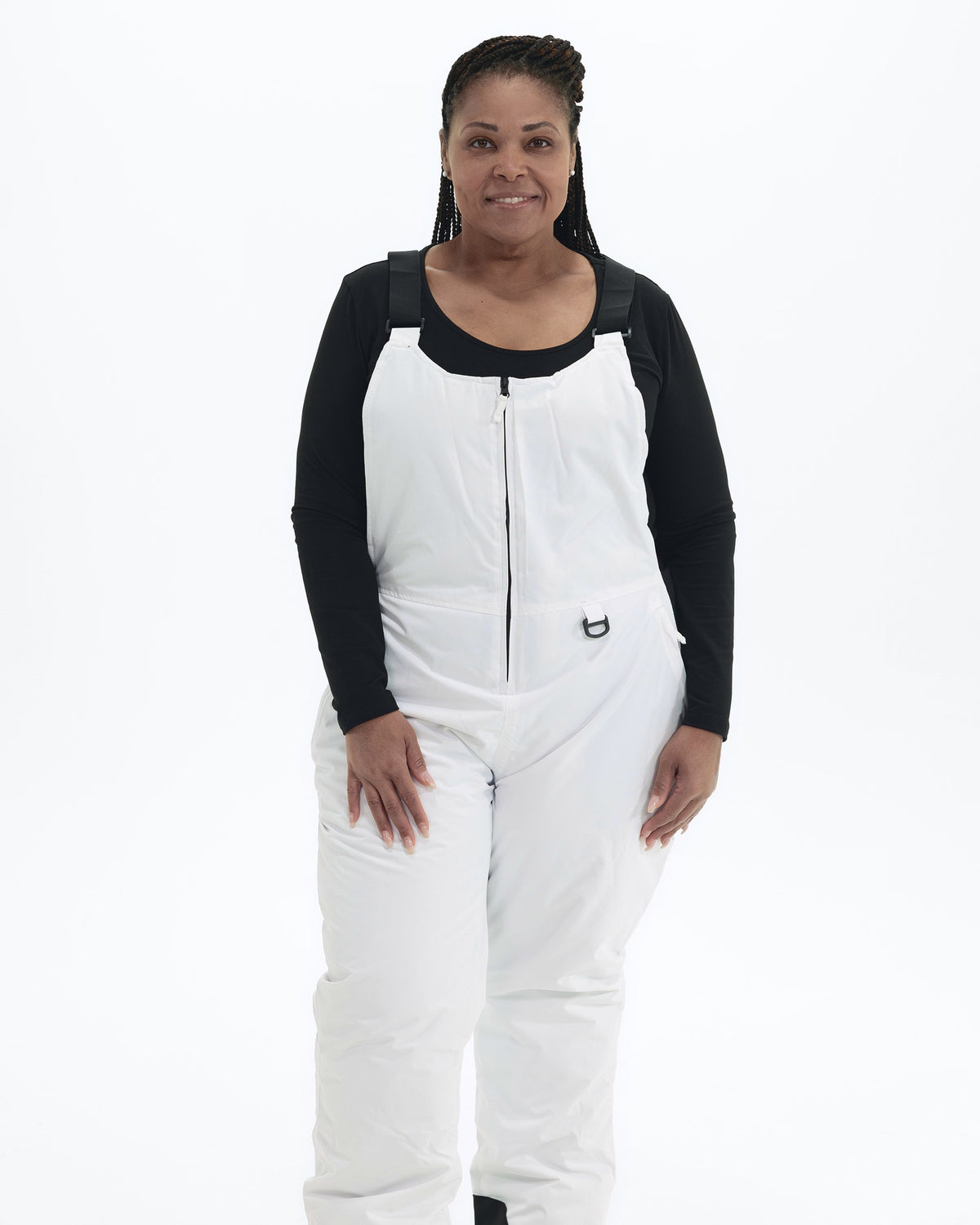 White women's plus size Overland snow bibs, front close | Model is 5'6" and wears a 1X