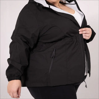 Plus Size Womens Rain Jacket Wind Breaker Mystique featuring a stylish black hooded jacket
