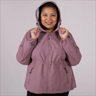 Mauve hooded rain jacket displayed on Plus Size 1X-6X Women’s Rain Jacket Wind Breaker Mystique