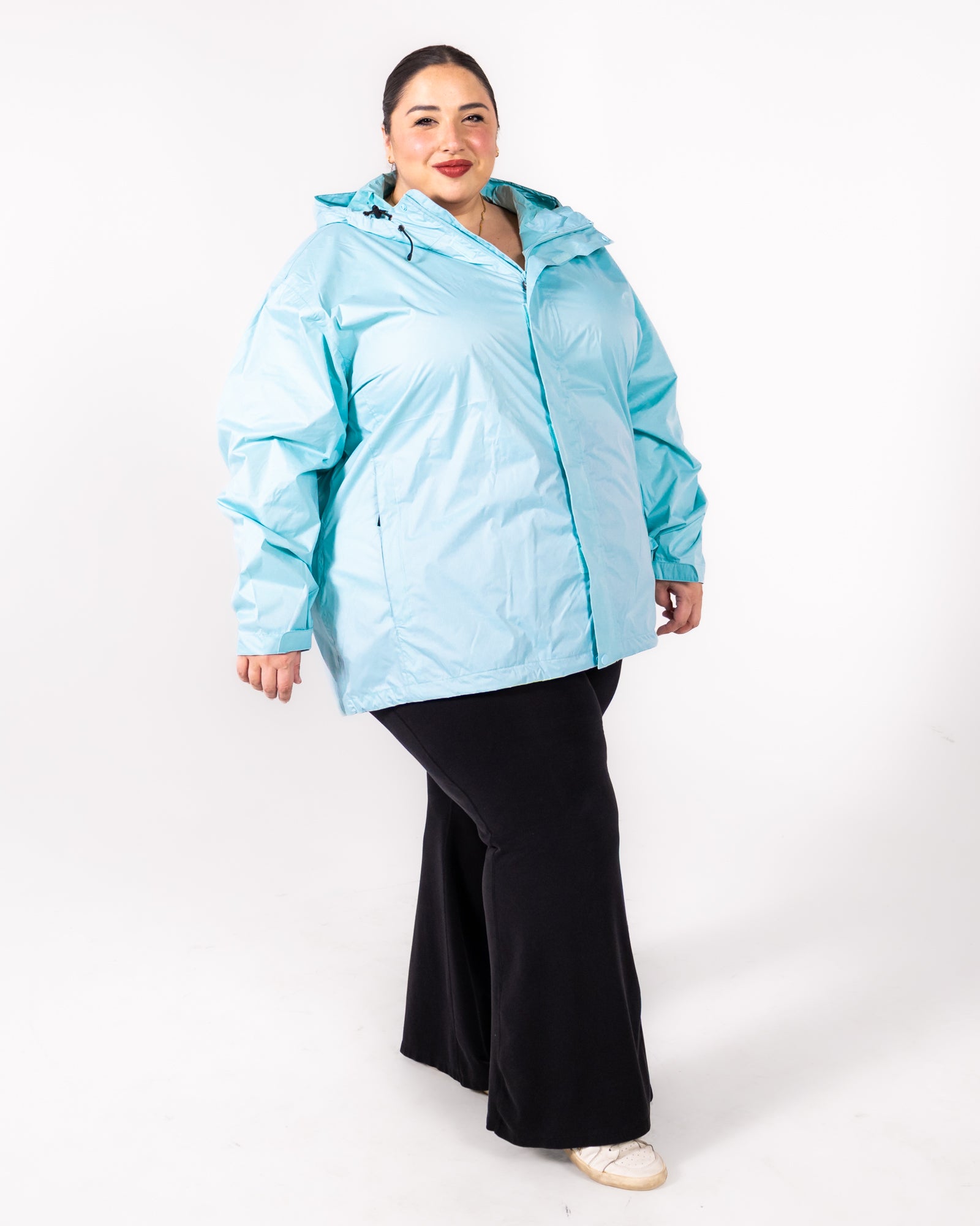 Plus size rain jacket powder blue 3 | Model is 5'3" and wears a 5X