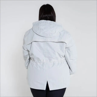 Beige plus size rain jacket on model, back image