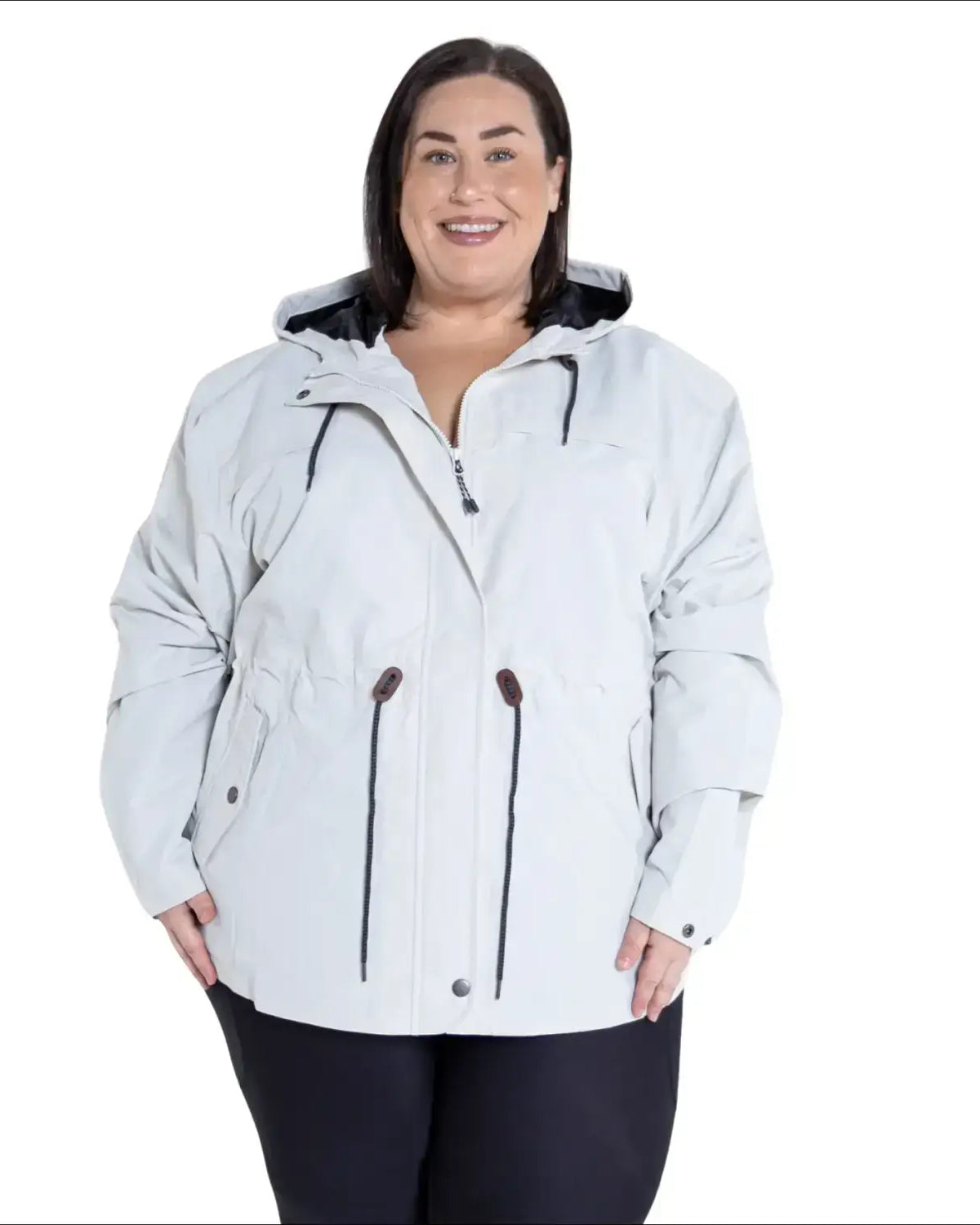 Beige plus size rain jacket on model, front image