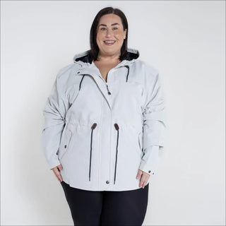 Beige plus size rain jacket on model, front image