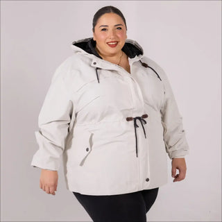 Beige plus size rain jacket on model, front image