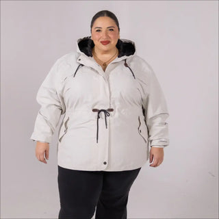 Beige plus size rain jacket on model, front image