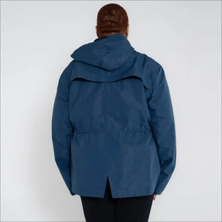 Blue plus size rain jacket on model, back image