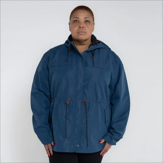 Blue plus size rain jacket on model, front image