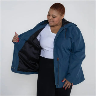 Blue plus size rain jacket on model, front image with inside showing