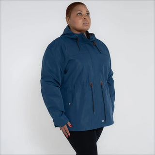 Blue plus size rain jacket on model, side image