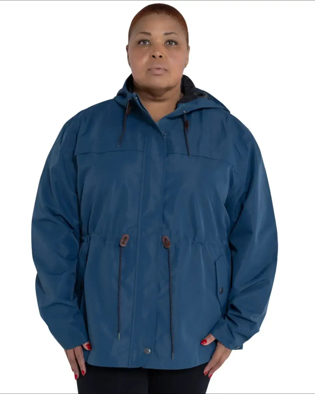 Blue plus size rain jacket on model, front image