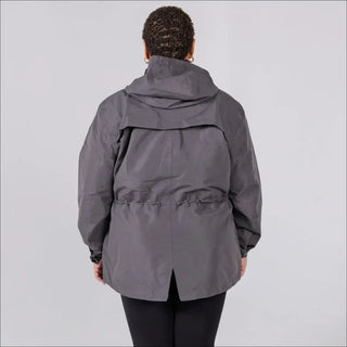 Gray plus size rain jacket on model, back image